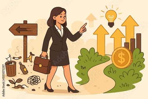 Businesswoman making life choices, leaving bad habits for success, career growth, financial prosperity, opportunity, decision making, motivation, cartoon vector, future planning, personal development