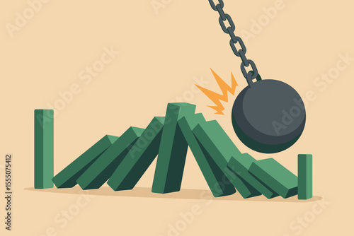 Wrecking Ball Striking Falling Dominoes Chain Reaction. Business Crisis, Financial Risk, Disaster Management, Unforeseen Consequences, Failure, Destruction, Problem Solving Vector Illustration