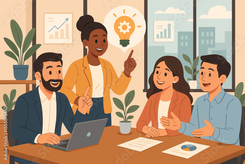 Business Team Brainstorming Creative Ideas, Office Meeting Collaboration, Diverse Colleagues Discussing Strategy, Modern Workplace, Project Planning, Data Analysis, Vector Illustration
