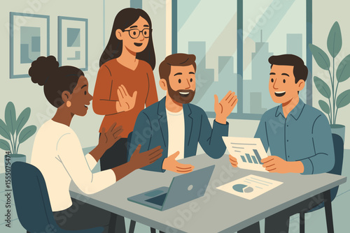 Diverse business team brainstorming, discussing ideas, teamwork, collaboration, meeting with charts, laptop, documents, modern office, corporate strategy, creative planning, workplace communication