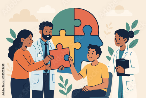Mental Health Support Teamwork Concept. Doctors, Therapist, Patient Collaborate. Puzzle Head Symbolizing Mind. Psychological Counseling, Therapy, Medical Assistance, Community Care Vector Illustration