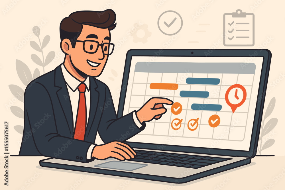 Businessman Managing Project Deadlines and Scheduling Tasks on Laptop Calendar. Vector Illustration of Workflow Planning, Time Management, Productivity, Organization, Checklist, Office Concept Businessman Managing Project Deadlines and Scheduling Tasks on Laptop Calendar. Vector Illustration of Workflow Planning, Time Management, Productivity, Organization, Checklist, Office Concept
