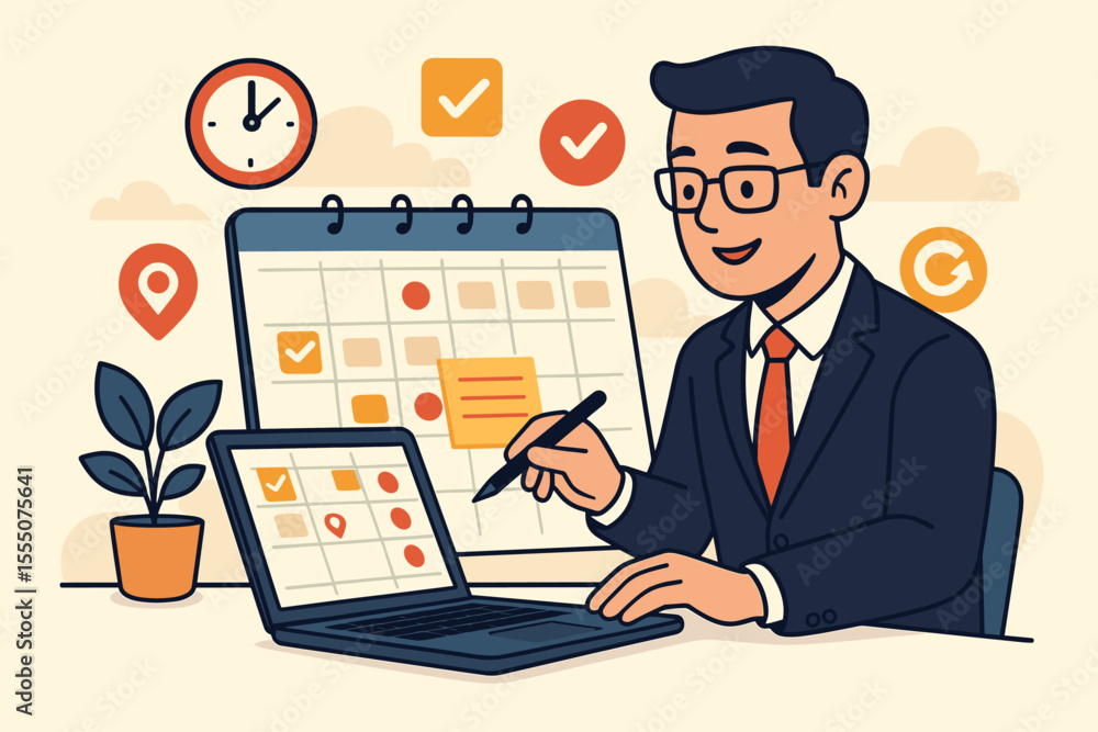 Businessman Managing Project Deadlines and Tasks on Digital Calendar, Productivity Planning, Time Management, Scheduling Meetings, Organization, Office Workflow, Cartoon Vector Illustration Businessman Managing Project Deadlines and Tasks on Digital Calendar, Productivity Planning, Time Management, Scheduling Meetings, Organization, Office Workflow, Cartoon Vector Illustration