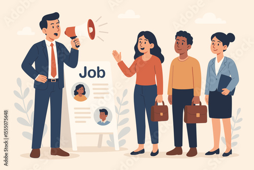 Business recruitment illustration, employer announcing job vacancies with megaphone, diverse candidates waiting for interview, job search, hiring process, human resources, career opportunity