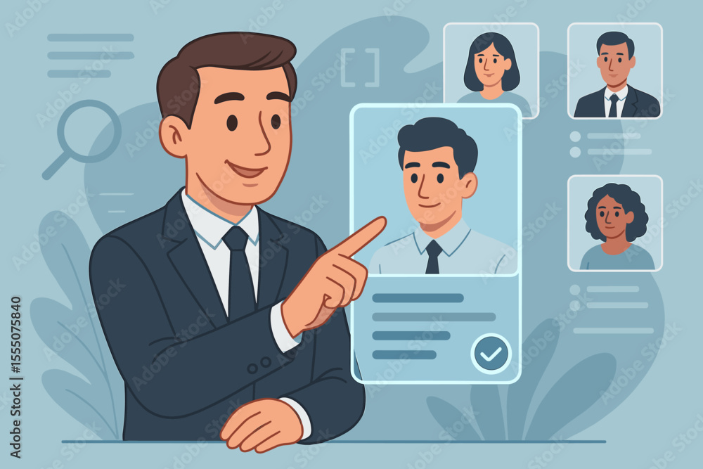 HR manager selecting candidate using virtual screen technology. Recruitment process, digital hiring, online interview, human resources, job search, business team, staff selection, vector illustration HR manager selecting candidate using virtual screen technology. Recruitment process, digital hiring, online interview, human resources, job search, business team, staff selection, vector illustration