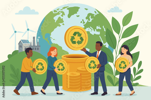 Diverse People Investing in Green Economy and Sustainable Industry, Paying Eco-Friendly Fees, Renewable Energy, Recycling Coins, Environmental Conservation, Global Clean Technology Concept Vector