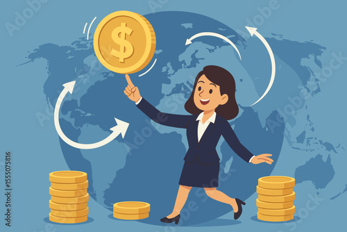 Businesswoman Spinning Dollar Coin Global Currency Exchange Concept, International Money Flow, Financial Trade, Economic Growth, Investment, World Market, Vector Illustration
