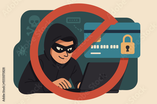 Cybercrime Prevention Concept Vector. Stop Online Hacker Stealing Credit Card Data. Internet Fraud Protection, Financial Scam Security, Prohibition Sign, Secure Payment, Digital Safety Illustration