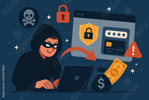 Cybercriminal Hacker Stealing Financial Data Online, Digital Banking Theft, Cybersecurity Breach, Identity Fraud, Phishing Attack, Money Laundering, Internet Security Threat Vector Illustration