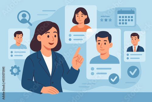 Human resources manager selecting job candidates using virtual screen technology. Online recruitment process, digital hiring, HR analytics, staff evaluation, employee profile review, modern workplace