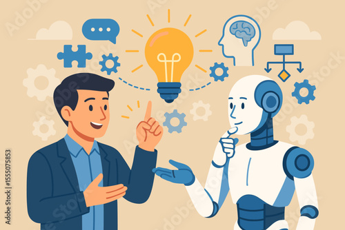 Human and AI Collaboration Vector Illustration. Innovative Problem Solving, Decision Making, Teamwork, Artificial Intelligence, Brainstorming, Technology Partnership, Creative Solutions Concept