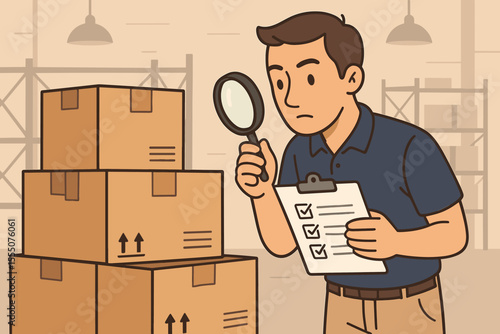 Warehouse quality control inspection. Worker examining cardboard boxes with magnifying glass and checklist. Inventory audit, stock management, logistics, storage, shipping process vector illustration
