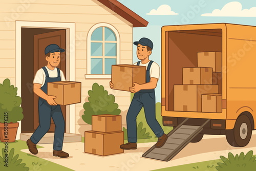Professional movers unloading cardboard boxes from moving truck to new house entrance. Residential relocation service concept. Delivery men carrying packages. Home moving day vector illustration