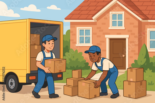 Professional movers unloading cardboard boxes from yellow moving truck into new suburban home. Residential relocation service concept. Delivery, transportation, teamwork, house moving illustration