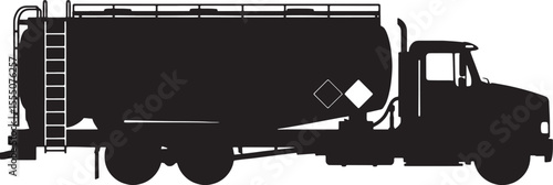 Fuel Truck Flat Silhouette in Black with Tank and Ladder Details, Construction Vehicle, Hauling Vehicles Vector Illustration