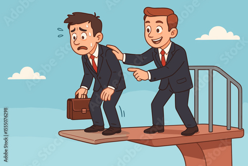 Nervous businessman on diving board, supportive leader encouraging colleague to face fear, take risk, achieve goal. Business motivation, teamwork, leadership, challenge, cartoon vector illustration