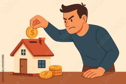 Financial planning for home ownership concept. Man saving money, putting gold coins into house-shaped piggy bank. Real estate investment, mortgage savings, budget management vector illustration.