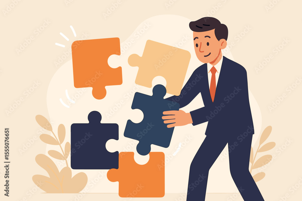 Businessman Solving Puzzle Pieces Concept. Strategy, Problem Solving, Teamwork, Solution Finding, Decision Making, Planning, Business Challenges, Success, Leadership, Vector Illustration Businessman Solving Puzzle Pieces Concept. Strategy, Problem Solving, Teamwork, Solution Finding, Decision Making, Planning, Business Challenges, Success, Leadership, Vector Illustration