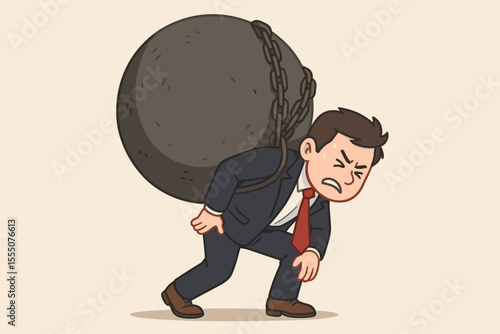 Stressed businessman carrying heavy debt burden. Financial pressure, economic crisis, business stress, debt overload, bankruptcy risk, cartoon vector. Overworked employee, chained to ball