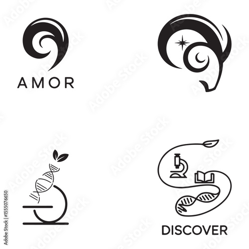 Black and White Logo Set Amor Discover Ram D N A Science Symbols logos collection