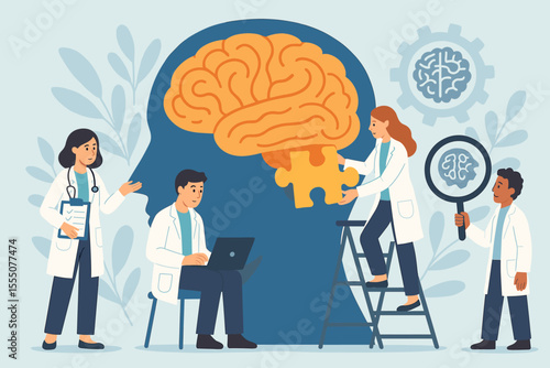 Multidisciplinary Medical Team Solving Brain Health Issues, Cognitive Function, Mental Process, Neurology, Psychology, Healthcare Collaboration, Diagnosis and Treatment Concept Vector Illustration
