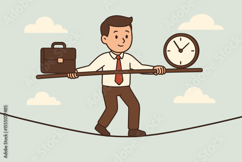 Businessman walking tightrope balancing briefcase and clock, symbolizing work life balance, stress management, multitasking, career challenge, time management, corporate pressure, cartoon vector