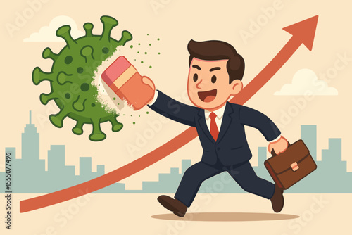 Businessman Erasing Coronavirus with Eraser Symbolizing Overcoming COVID-19 Economic Crisis, Recovery, Growth, Success, Resilience, Upward Arrow, City Background, Vector Cartoon Illustration