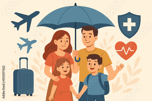 Family Travel Insurance Protection Concept. Parents and Children Under Umbrella. Safe Vacation, Health Coverage, Medical Assistance, Airplane, Suitcase, Heartbeat, Cross Symbol. Vector Illustration