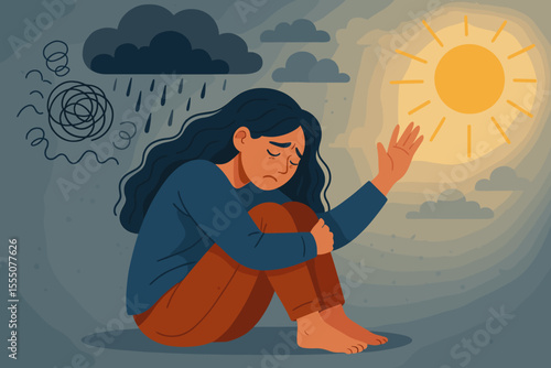Woman overcoming depression and anxiety, reaching for sunlight and hope, mental health recovery, emotional healing, psychological struggle, stress relief, vector illustration concept