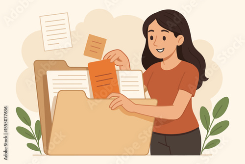 Woman organizing documents in large file folder, paperwork management, office archive, efficient document storage, business records, cartoon vector illustration, workflow organization