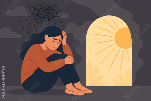 Woman sitting in darkness with depression and anxiety, rain cloud over head, seeking hope and sunlight, overcoming mental health struggles, psychological healing, vector illustration concept