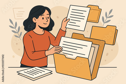Office woman organizing documents and files in folders. Female employee sorting paperwork for efficient management. File storage, archive, administration, workflow, business organization concept