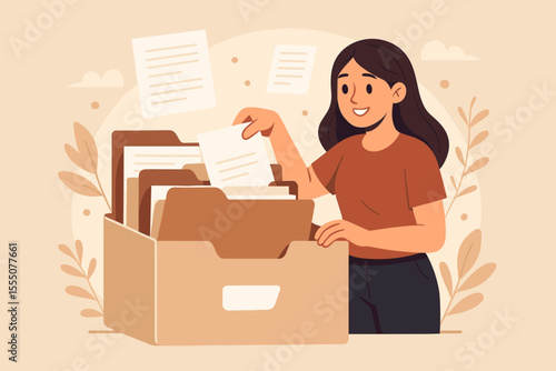 Office organization concept. Woman sorting documents, managing files in folder box. Efficient paperwork storage, archive management, business administration, data organization vector illustration