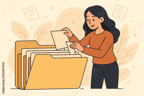 Woman organizing files and documents in large folder. Office worker filing paperwork. Document management, archive, data organization, efficient search, administration. Vector cartoon illustration.