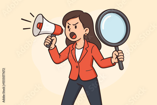 Angry businesswoman shouting with megaphone holding magnifying glass. Job search, recruitment, leadership, protest, announcement, searching candidate, hiring, boss, cartoon vector illustration