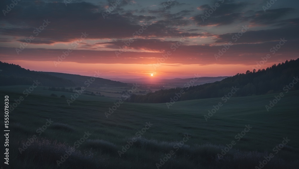 Fototapeta premium Sunset over rolling hills with a dramatic sky and vibrant colors. Nature and landscape scene. Tranquil evening view. Serene and picturesque rural landscape.