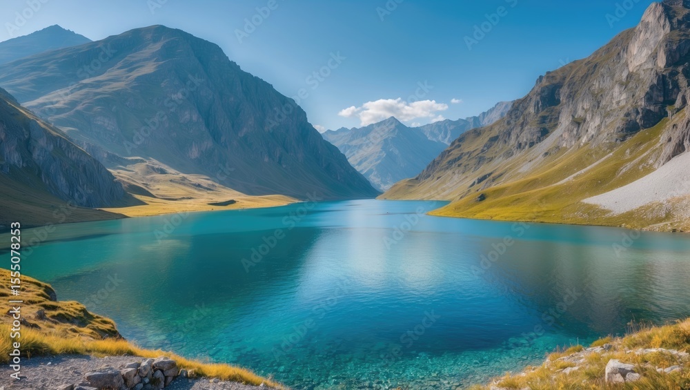 Fototapeta premium Scenic mountain landscape with a turquoise lake surrounded by mountains and blue sky. Nature and outdoor scenery. The landscape of mountains and water.