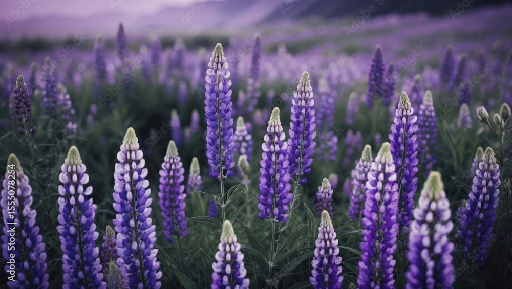 Obraz premium Purple lavender flowers in full bloom with lush green background, capturing the beauty of a serene garden.