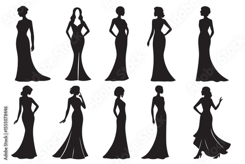 Black silhouette of glamorous women in various red carpet poses wearing designer gowns, with stylish hair minimalistic details and clean white background for vector stock us Adobe Illustrator Artwork