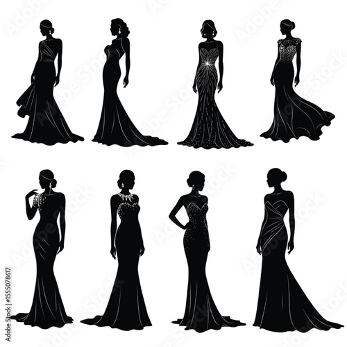 Black silhouette of glamorous women in various red carpet poses wearing designer gowns, with stylish hair minimalistic details and clean white background for vector stock us Adobe Illustrator Artwork