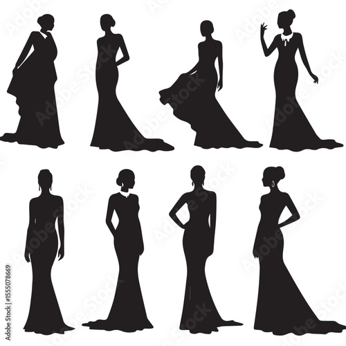 Black silhouette of glamorous women in various red carpet poses wearing designer gowns, with stylish hair minimalistic details and clean white background for vector stock us Adobe Illustrator Artwork