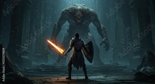 Warrior versus monster fantasy scene