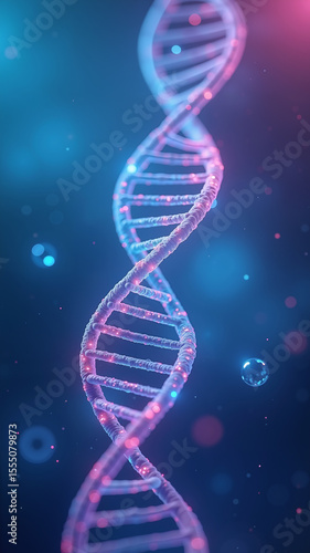 Hyper-detailed digital illustration showing a DNA double helix unraveling, glowing vibrantly with neon cyan and pink, against a soft, dark, abstract gradient background, evoking scientific wonder.