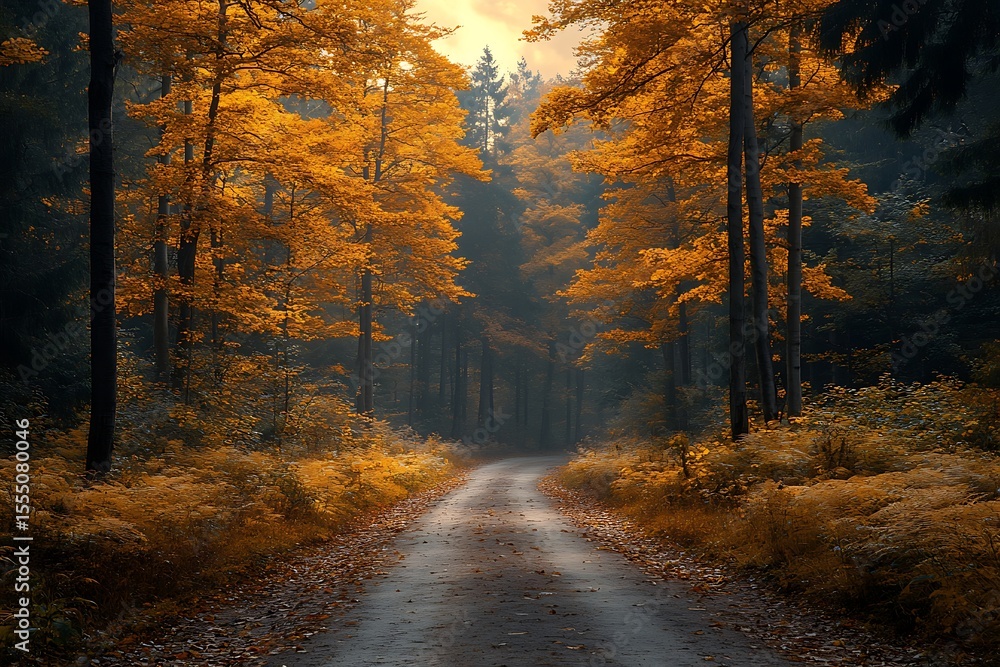 Fototapeta premium Forest Road Lined with Golden Trees and Foliage in Autumnal Landscape Scene fall