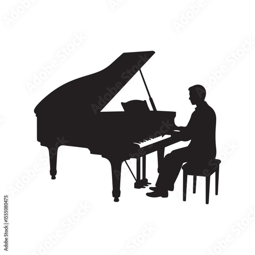 Musician Playing Grand Piano – Elegant Silhouette Vector in Black and White Minimal Style