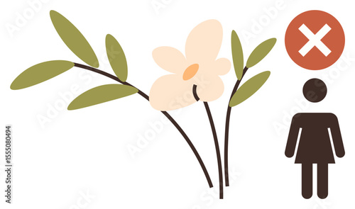 A blooming flower with leaves beside a female silhouette and a prohibition sign. Ideal for allergy prevention, health, caution, medical education, awareness campaigns, environmental safety, simple