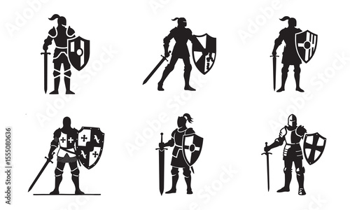 Knight with Sword and Shield – Medieval Silhouettes Vector in Black and White


