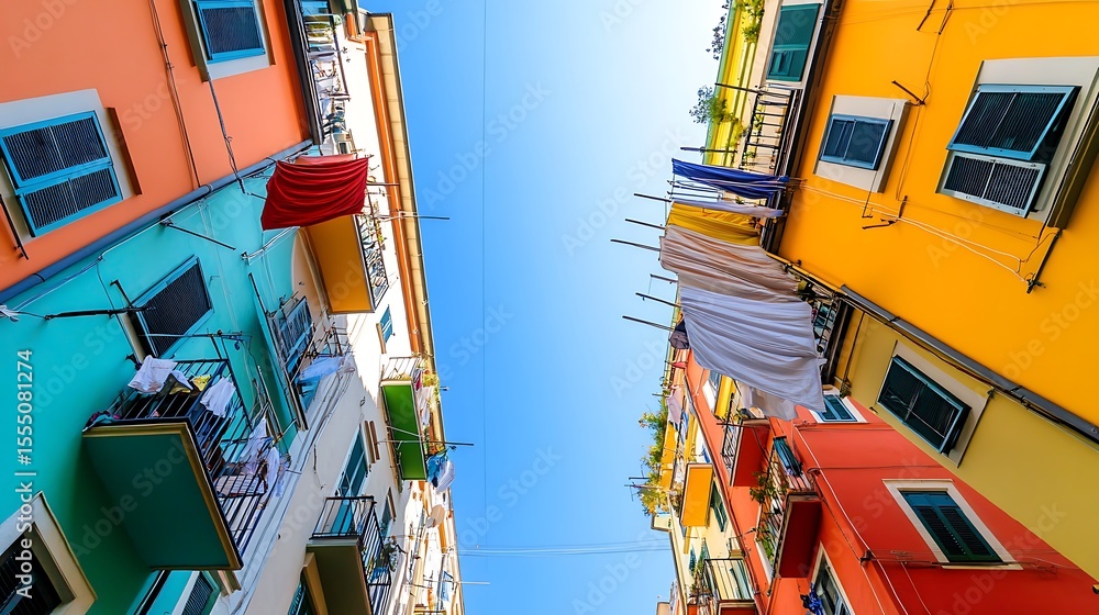 Fototapeta premium High-rise apartment buildings with colorful balconies, upward view with hints of laundry and blue sky between