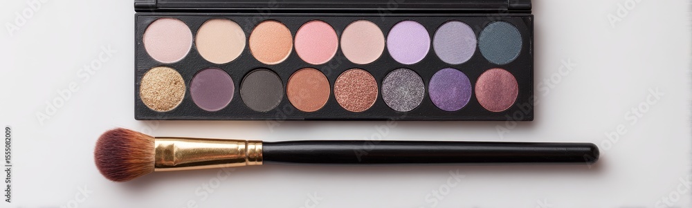 Fototapeta premium Professional colorful eyeshadow palette and makeup brushes on beige background surrounded by colorful powder dust