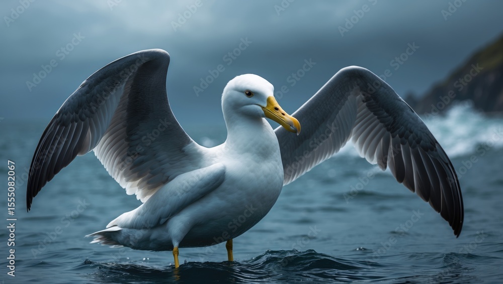 Fototapeta premium A seabird, specifically a pelican, with its wings spread wide, floating on the ocean surface with a cloudy sky in the background.